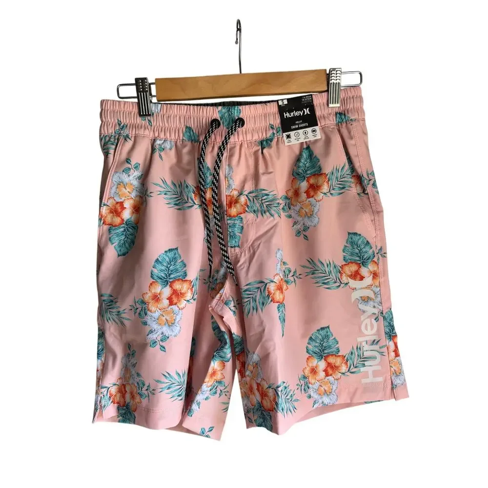 Hurley Volley Swim Trunks Pink Tropical Floral Swim Shorts Small NWT